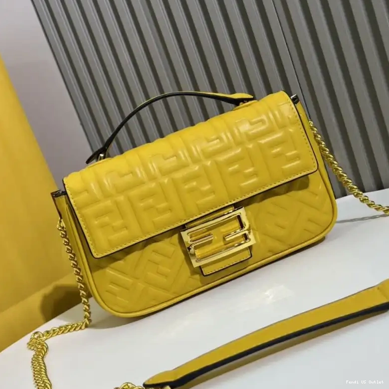 Affordable HOT Midi Motif In Leather Nappa FF Bag Fendi Yellow Chain Baguette 0518